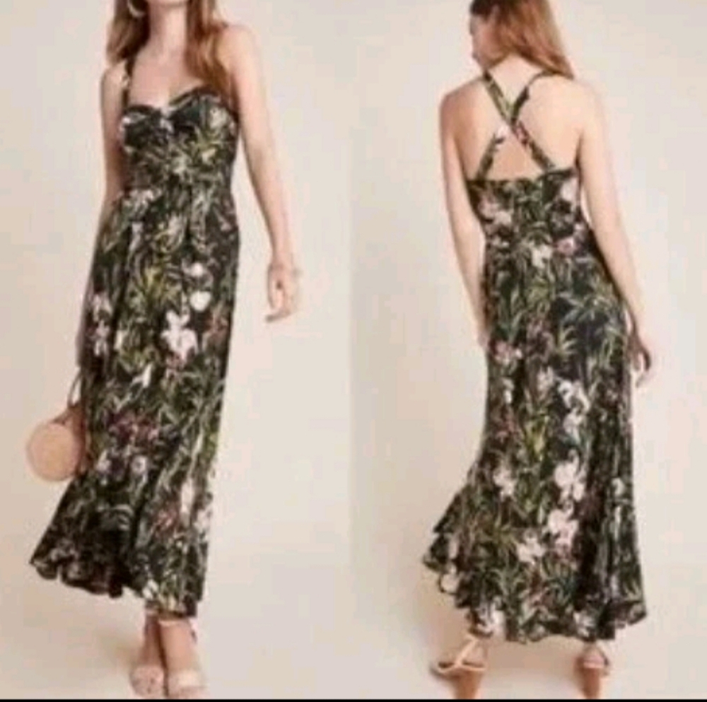 Anthropologie Green Floral Maxi Dress